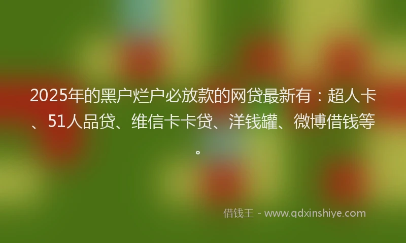 2025年的黑户烂户必放款的网贷最新有：超人卡、51人品贷、维信卡卡贷、洋钱罐、微博借钱等。