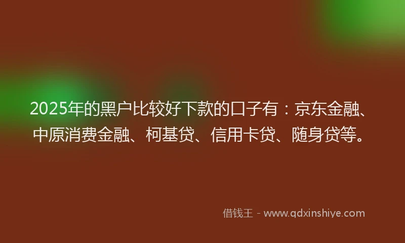2025年的黑户比较好下款的口子有：京东金融、中原消费金融、柯基贷、信用卡贷、随身贷等。