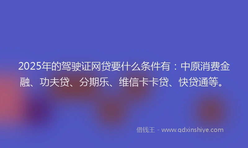 2025年的驾驶证网贷要什么条件有：中原消费金融、功夫贷、分期乐、维信卡卡贷、快贷通等。