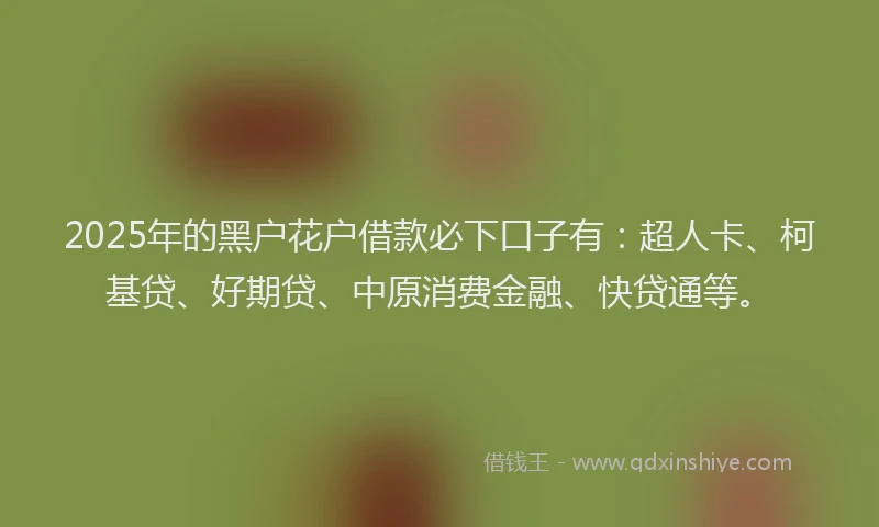 2025年的黑户花户借款必下口子有：超人卡、柯基贷、好期贷、中原消费金融、快贷通等。