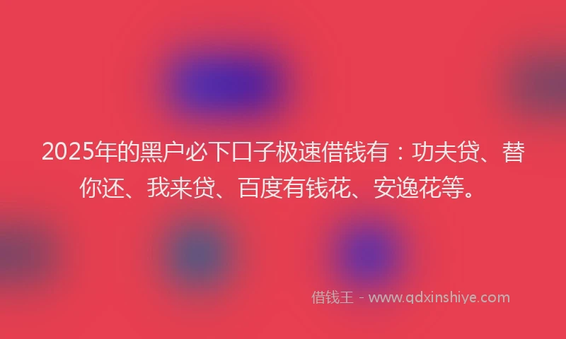 2025年的黑户必下口子极速借钱有：功夫贷、替你还、我来贷、百度有钱花、安逸花等。