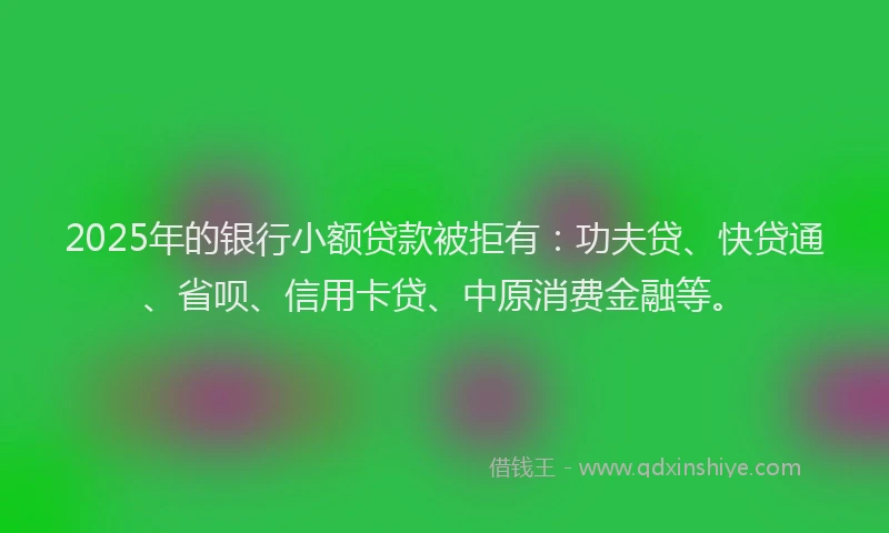 2025年的银行小额贷款被拒有：功夫贷、快贷通、省呗、信用卡贷、中原消费金融等。