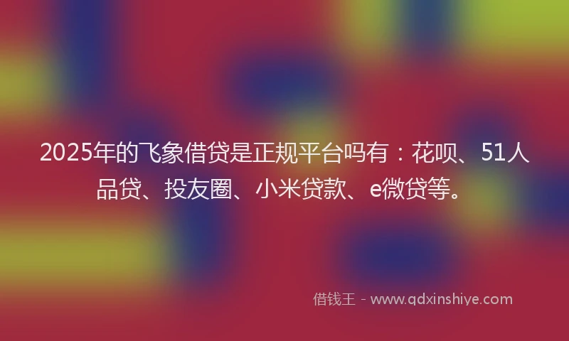 2025年的飞象借贷是正规平台吗有：花呗、51人品贷、投友圈、小米贷款、e微贷等。