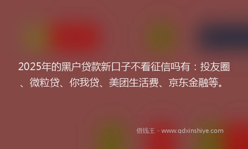2025年的黑户贷款新口子不看征信吗有：投友圈、微粒贷、你我贷、美团生活费、京东金融等。