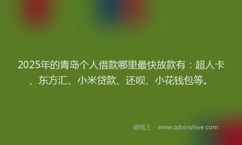 2025年的青岛个人借款哪里最快放款有：超人卡、东方汇、小米贷款、还呗、小花钱包等。