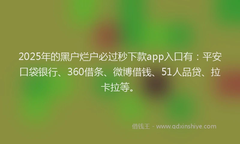 2025年的黑户烂户必过秒下款app入口有：平安口袋银行、360借条、微博借钱、51人品贷、拉卡拉等。