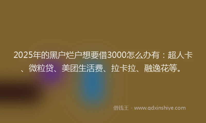 2025年的黑户烂户想要借3000怎么办有：超人卡、微粒贷、美团生活费、拉卡拉、融逸花等。