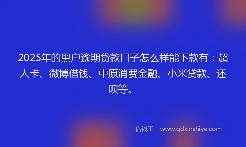 2025年的黑户逾期贷款口子怎么样能下款有：超人卡、微博借钱、中原消费金融、小米贷款、还呗等。