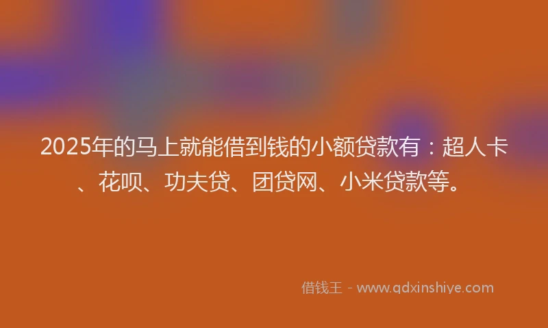 2025年的马上就能借到钱的小额贷款有：超人卡、花呗、功夫贷、团贷网、小米贷款等。