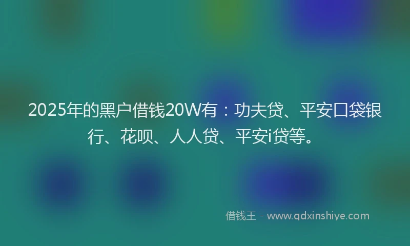 2025年的黑户借钱20W有：功夫贷、平安口袋银行、花呗、人人贷、平安i贷等。