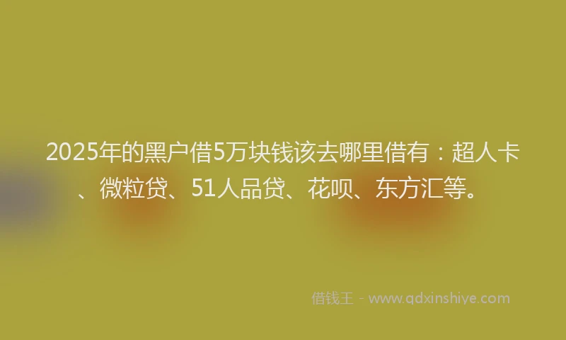 2025年的黑户借5万块钱该去哪里借有：超人卡、微粒贷、51人品贷、花呗、东方汇等。