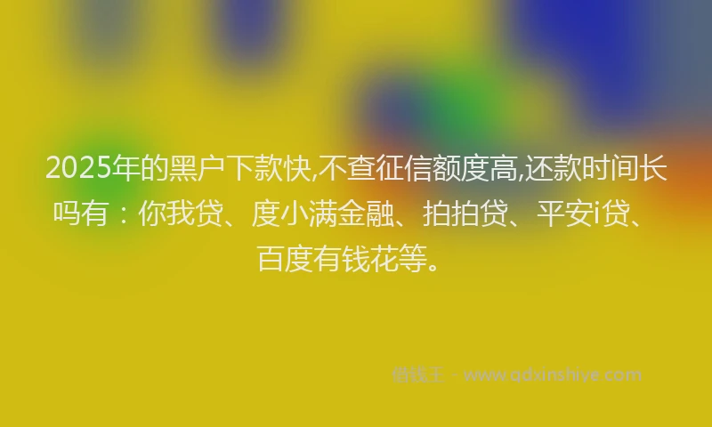 2025年的黑户下款快,不查征信额度高,还款时间长吗有：你我贷、度小满金融、拍拍贷、平安i贷、百度有钱花等。