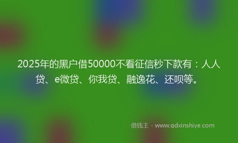 2025年的黑户借50000不看征信秒下款有：人人贷、e微贷、你我贷、融逸花、还呗等。