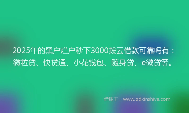 2025年的黑户烂户秒下3000拨云借款可靠吗有：微粒贷、快贷通、小花钱包、随身贷、e微贷等。