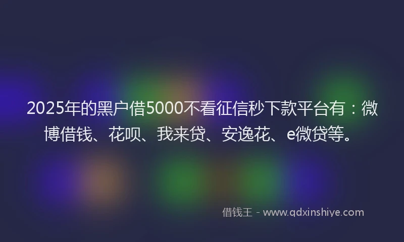 2025年的黑户借5000不看征信秒下款平台有：微博借钱、花呗、我来贷、安逸花、e微贷等。
