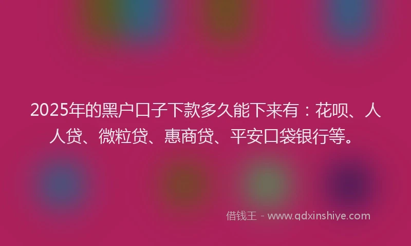 2025年的黑户口子下款多久能下来有：花呗、人人贷、微粒贷、惠商贷、平安口袋银行等。