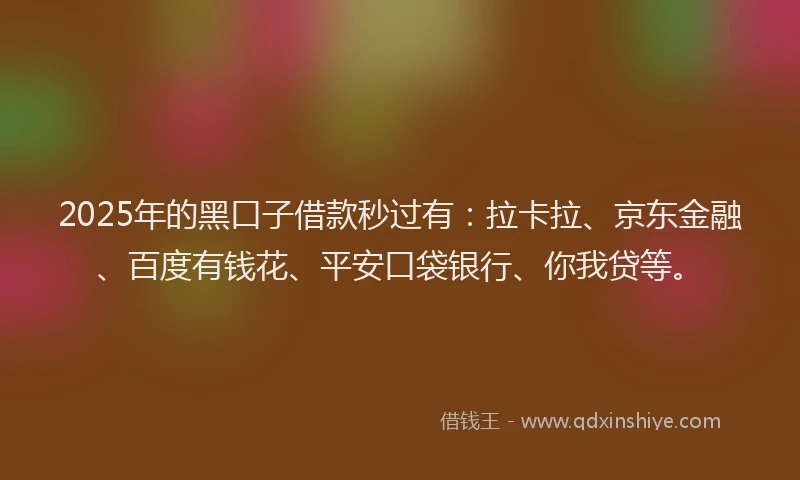 2025年的黑口子借款秒过有：拉卡拉、京东金融、百度有钱花、平安口袋银行、你我贷等。