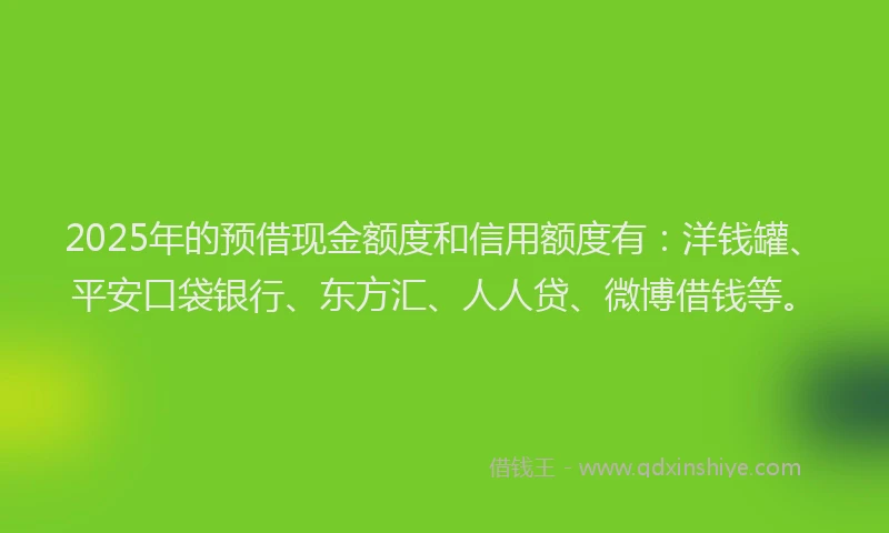 2025年的预借现金额度和信用额度有：洋钱罐、平安口袋银行、东方汇、人人贷、微博借钱等。