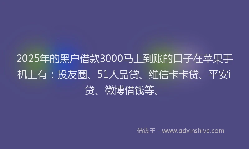 2025年的黑户借款3000马上到账的口子在苹果手机上有：投友圈、51人品贷、维信卡卡贷、平安i贷、微博借钱等。