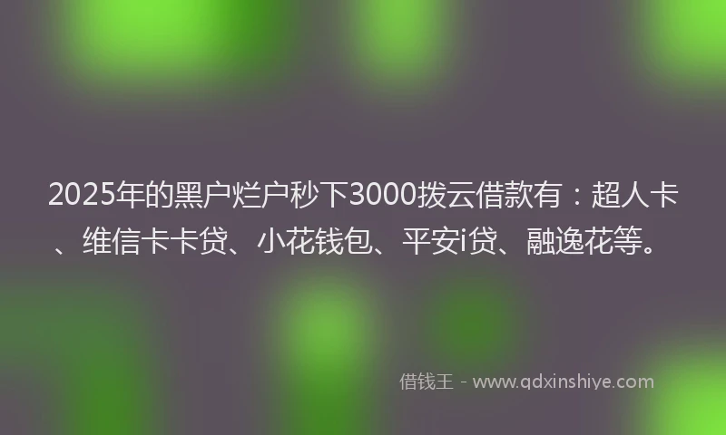 2025年的黑户烂户秒下3000拨云借款有：超人卡、维信卡卡贷、小花钱包、平安i贷、融逸花等。