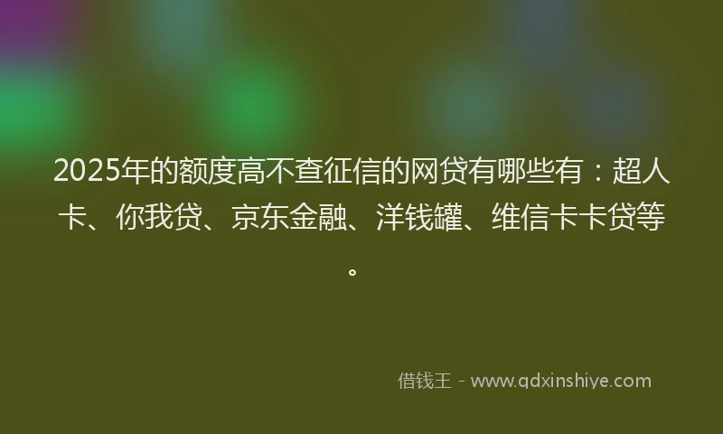 2025年的额度高不查征信的网贷有哪些有：超人卡、你我贷、京东金融、洋钱罐、维信卡卡贷等。