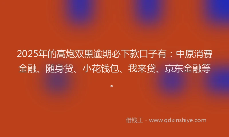2025年的高炮双黑逾期必下款口子有：中原消费金融、随身贷、小花钱包、我来贷、京东金融等。