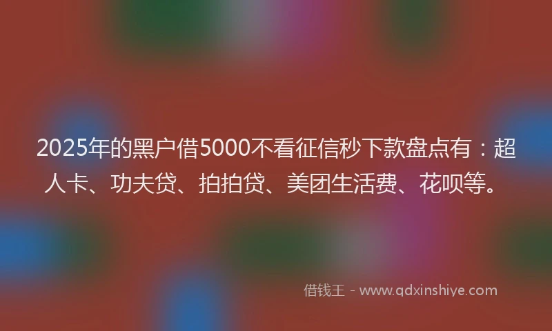 2025年的黑户借5000不看征信秒下款盘点有：超人卡、功夫贷、拍拍贷、美团生活费、花呗等。