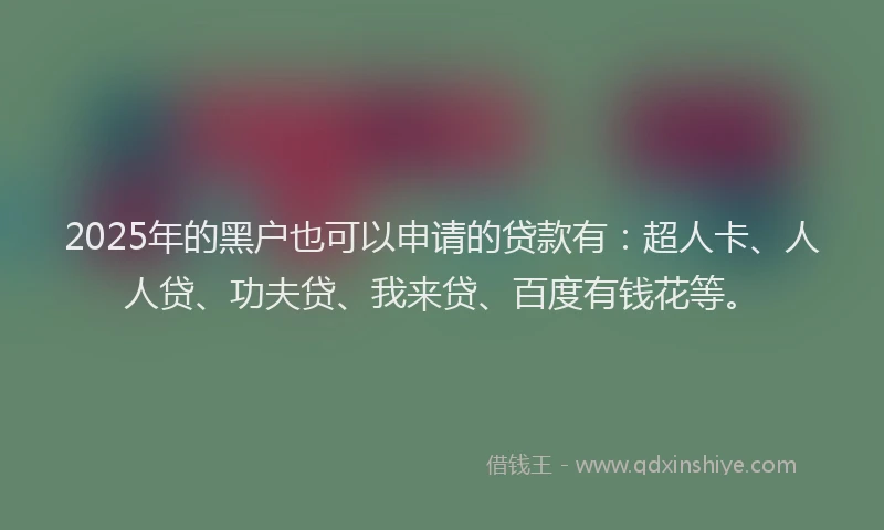 2025年的黑户也可以申请的贷款有：超人卡、人人贷、功夫贷、我来贷、百度有钱花等。