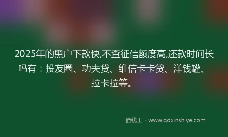 2025年的黑户下款快,不查征信额度高,还款时间长吗有：投友圈、功夫贷、维信卡卡贷、洋钱罐、拉卡拉等。