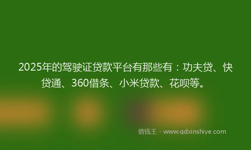 2025年的驾驶证贷款平台有那些有：功夫贷、快贷通、360借条、小米贷款、花呗等。