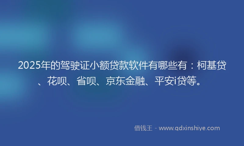 2025年的驾驶证小额贷款软件有哪些有：柯基贷、花呗、省呗、京东金融、平安i贷等。