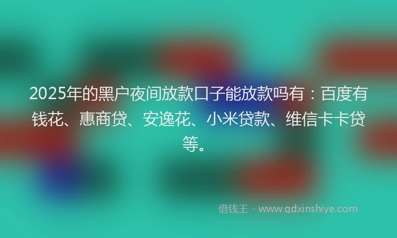 2025年的黑户夜间放款口子能放款吗有：百度有钱花、惠商贷、安逸花、小米贷款、维信卡卡贷等。