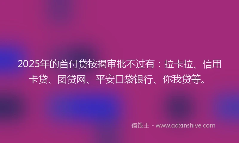 2025年的首付贷按揭审批不过有：拉卡拉、信用卡贷、团贷网、平安口袋银行、你我贷等。