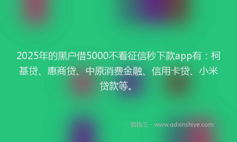2025年的黑户借5000不看征信秒下款app有：柯基贷、惠商贷、中原消费金融、信用卡贷、小米贷款等。