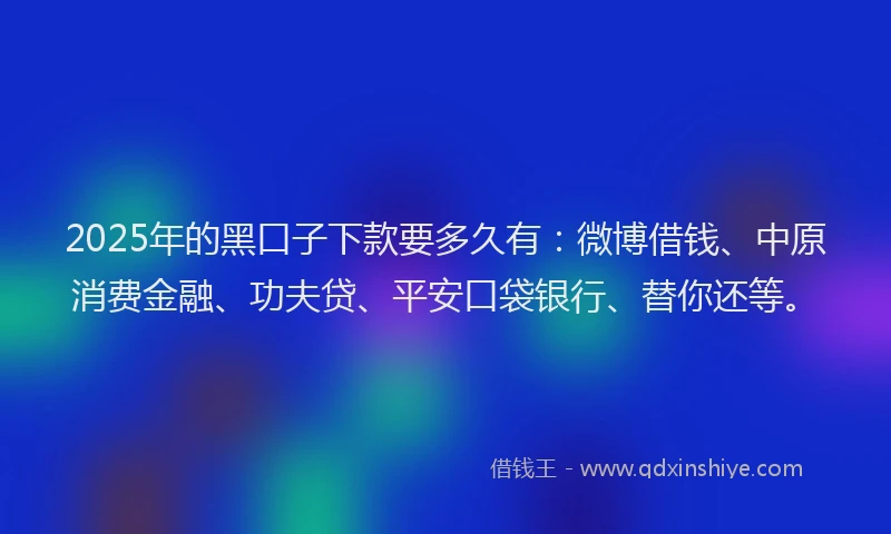 2025年的黑口子下款要多久有：微博借钱、中原消费金融、功夫贷、平安口袋银行、替你还等。
