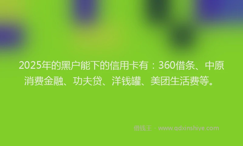 2025年的黑户能下的信用卡有：360借条、中原消费金融、功夫贷、洋钱罐、美团生活费等。