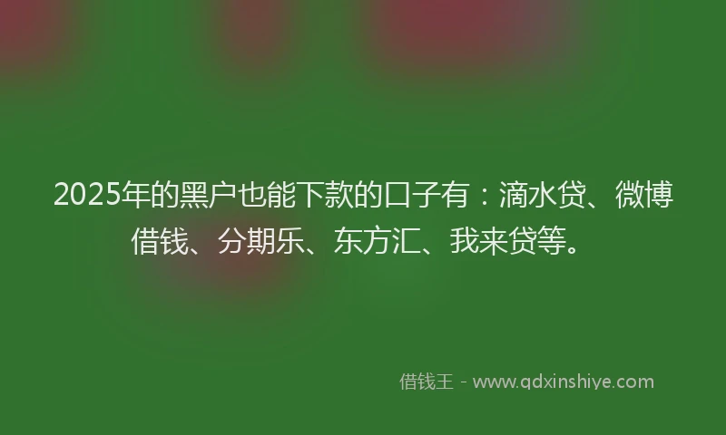 2025年的黑户也能下款的口子有：滴水贷、微博借钱、分期乐、东方汇、我来贷等。