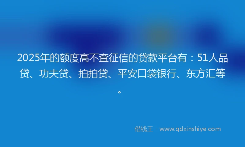2025年的额度高不查征信的贷款平台有：51人品贷、功夫贷、拍拍贷、平安口袋银行、东方汇等。