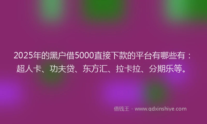 2025年的黑户借5000直接下款的平台有哪些有：超人卡、功夫贷、东方汇、拉卡拉、分期乐等。