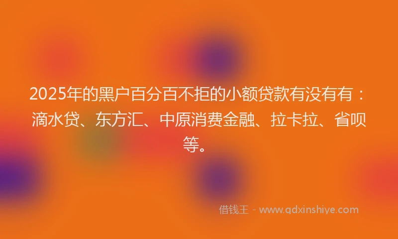 2025年的黑户百分百不拒的小额贷款有没有有：滴水贷、东方汇、中原消费金融、拉卡拉、省呗等。