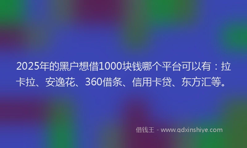 2025年的黑户想借1000块钱哪个平台可以有：拉卡拉、安逸花、360借条、信用卡贷、东方汇等。