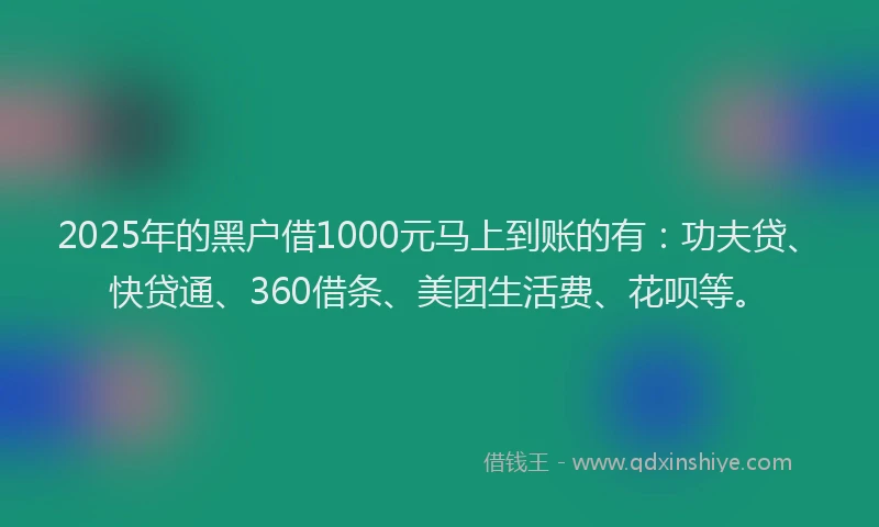 2025年的黑户借1000元马上到账的有：功夫贷、快贷通、360借条、美团生活费、花呗等。
