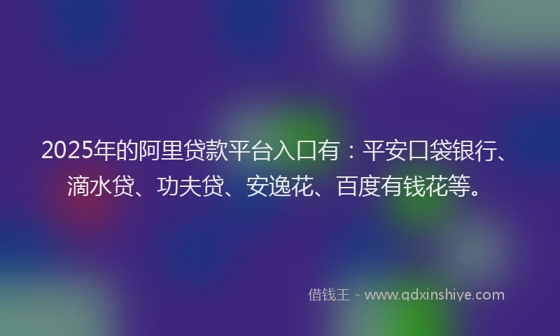 2025年的阿里贷款平台入口有：平安口袋银行、滴水贷、功夫贷、安逸花、百度有钱花等。