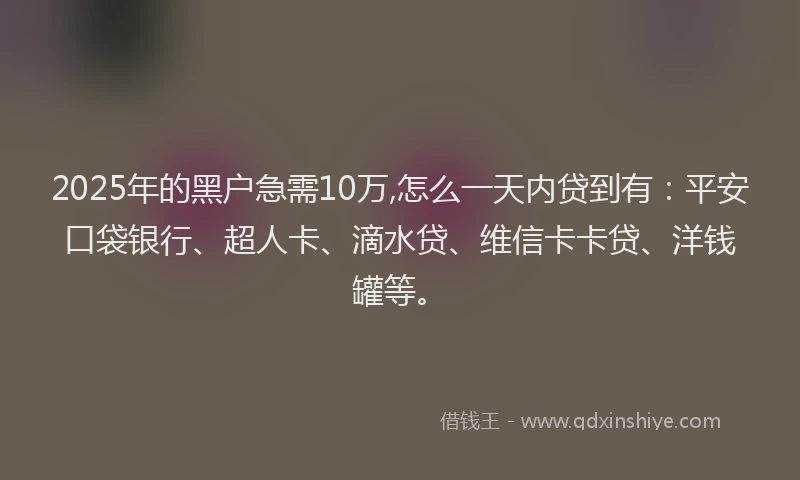 2025年的黑户急需10万,怎么一天内贷到有：平安口袋银行、超人卡、滴水贷、维信卡卡贷、洋钱罐等。