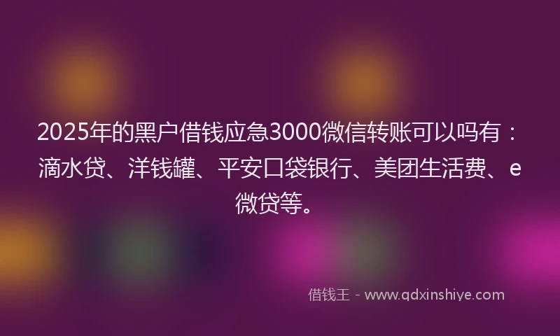 2025年的黑户借钱应急3000微信转账可以吗有：滴水贷、洋钱罐、平安口袋银行、美团生活费、e微贷等。