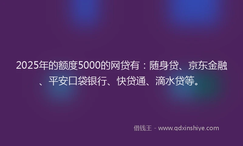 2025年的额度5000的网贷有：随身贷、京东金融、平安口袋银行、快贷通、滴水贷等。