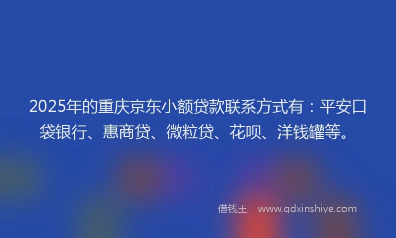 2025年的重庆京东小额贷款联系方式有：平安口袋银行、惠商贷、微粒贷、花呗、洋钱罐等。