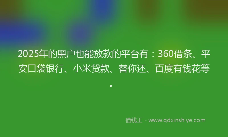 2025年的黑户也能放款的平台有：360借条、平安口袋银行、小米贷款、替你还、百度有钱花等。