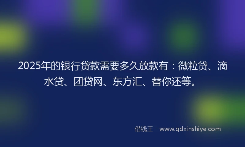 2025年的银行贷款需要多久放款有：微粒贷、滴水贷、团贷网、东方汇、替你还等。