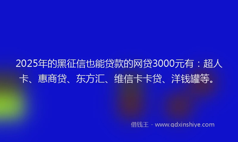 2025年的黑征信也能贷款的网贷3000元有：超人卡、惠商贷、东方汇、维信卡卡贷、洋钱罐等。